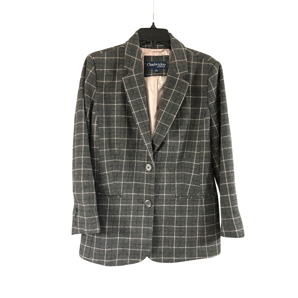 Chadwicks of Boston Womens Grey Windowpane Plaid Blazer Jacket Size 10 Office